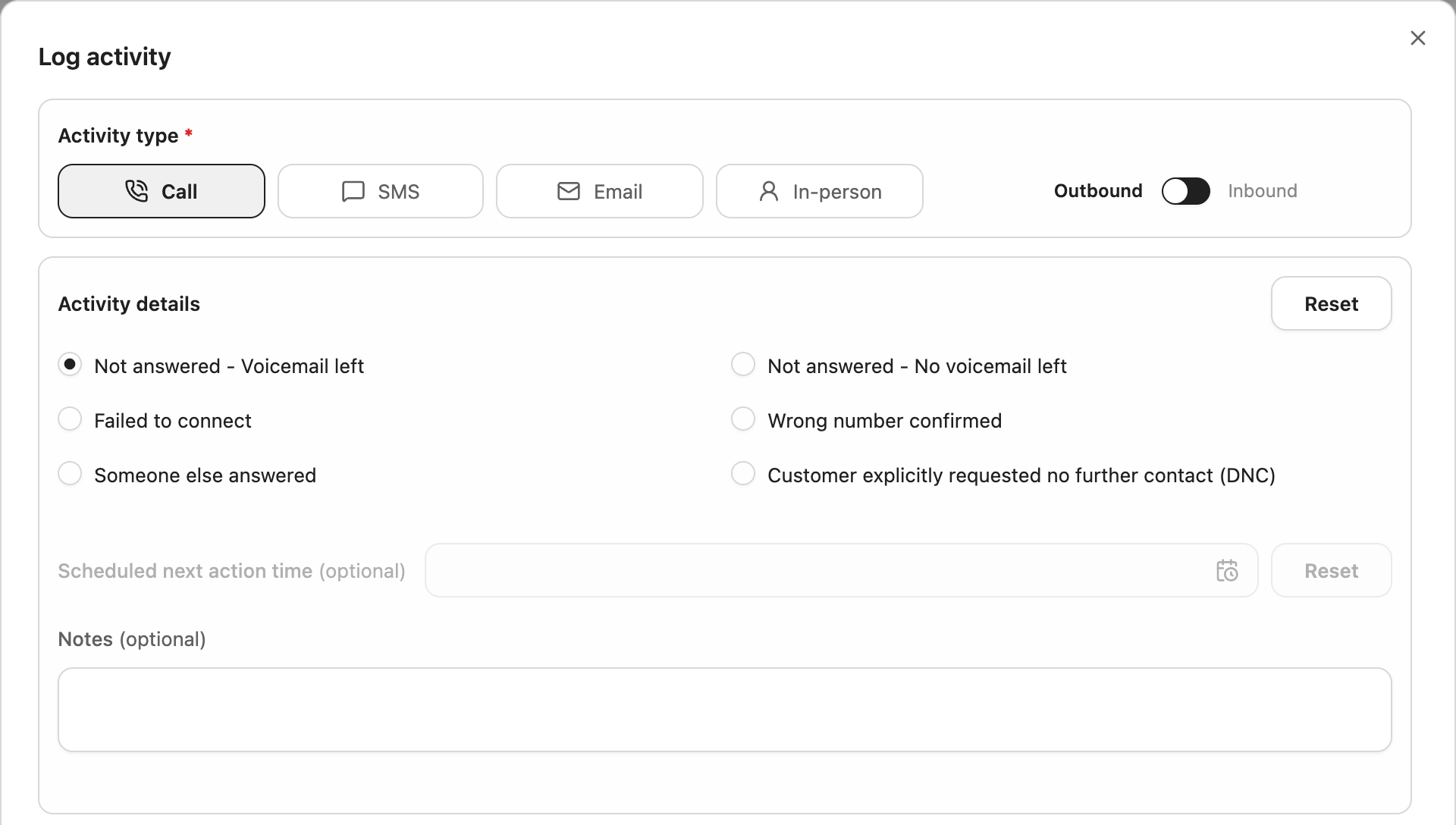 Log activity form with call, SMS, email and in-person options and the call results staff can pick.