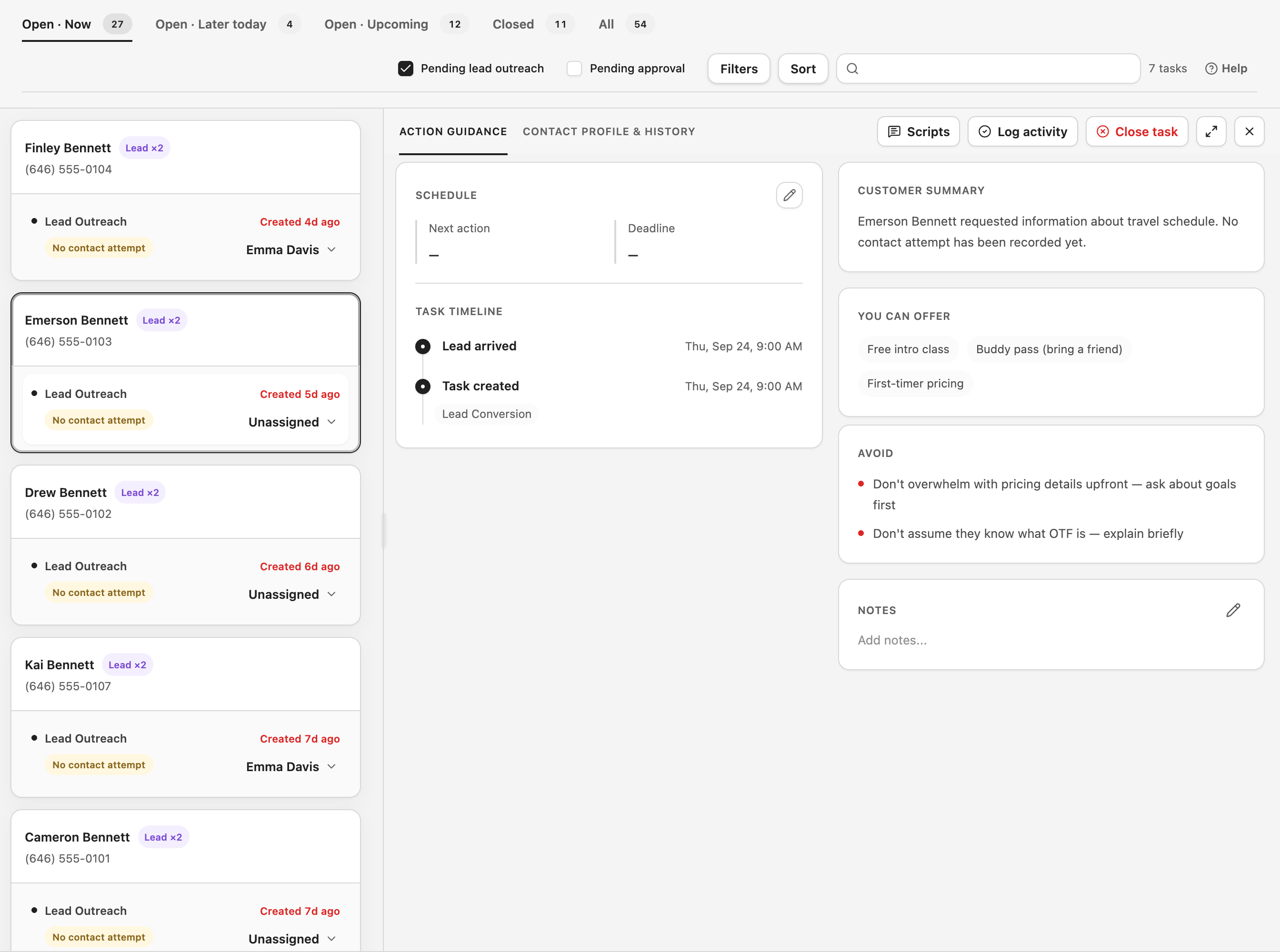 Tasks due now, filtered to new leads with no response yet, next to the Action Guidance for one of them.